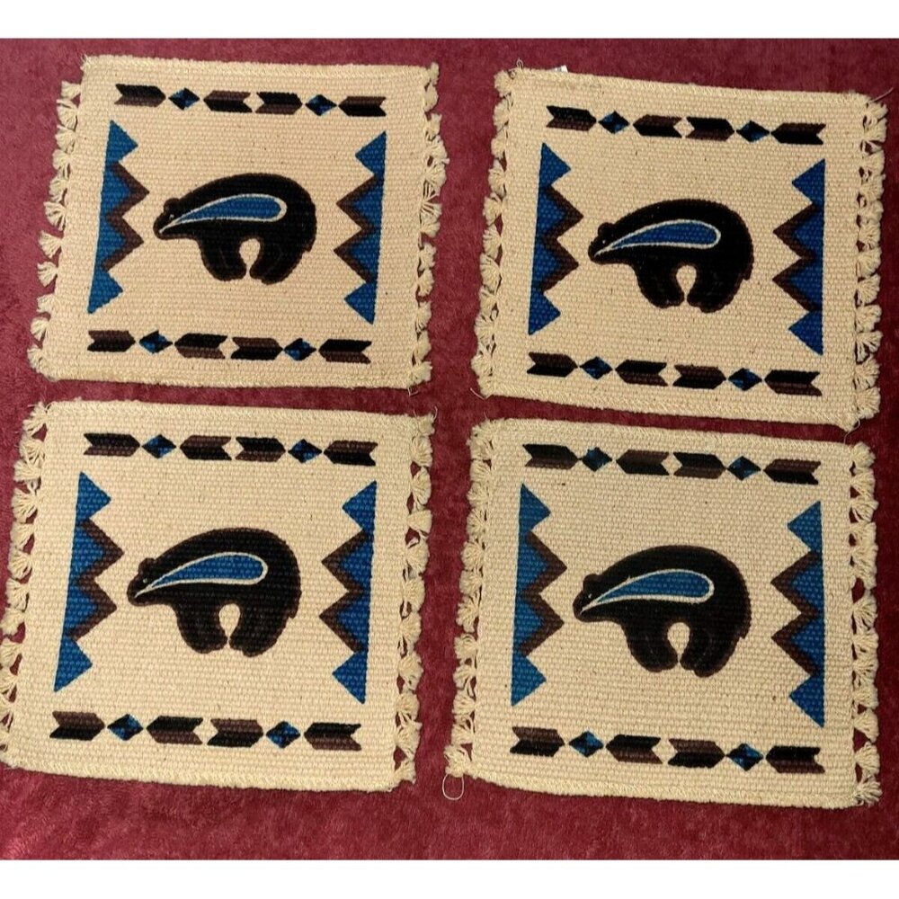 Set of 4 Southwest Style Fringed Coasters El Paso Saddleblanket Bear Native Amer